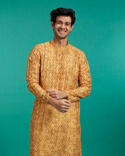 Diwas Men Mustard Yellow Bandhani Printed Angrakha Style Kurta