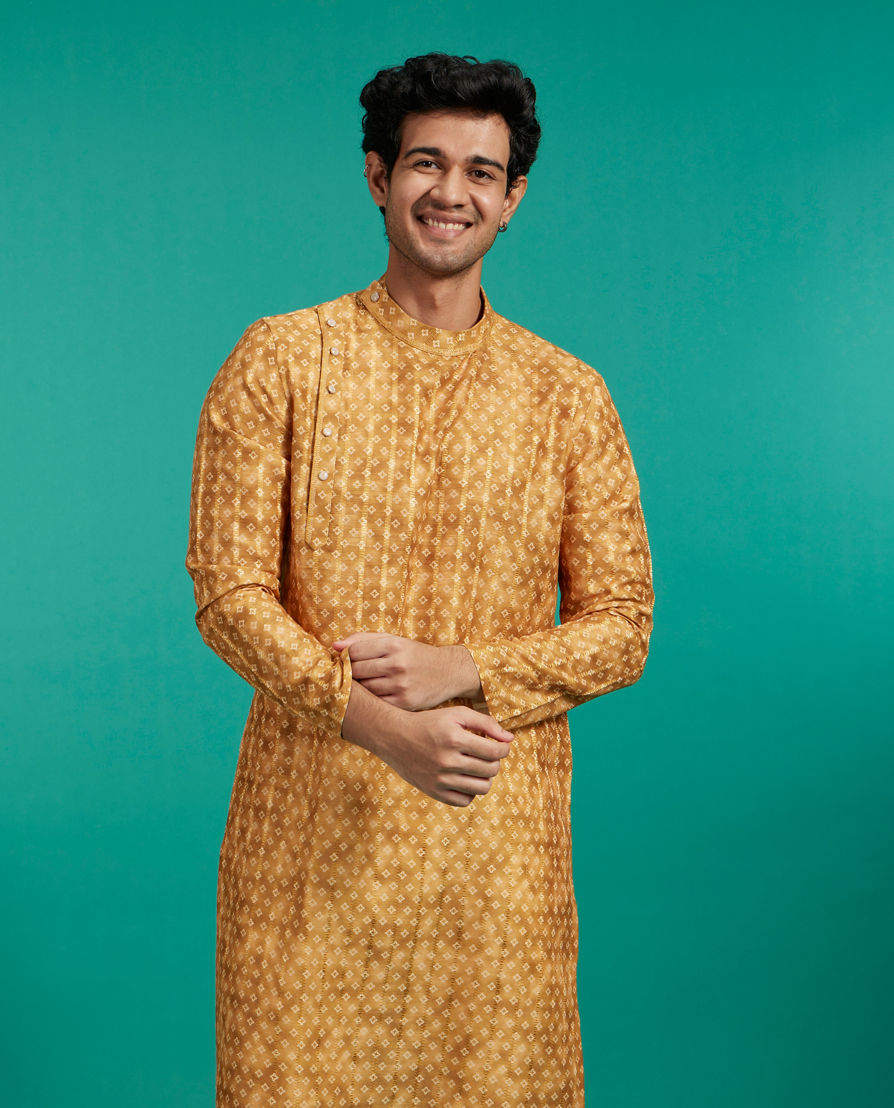 Diwas Men Mustard Yellow Bandhani Printed Angrakha Style Kurta