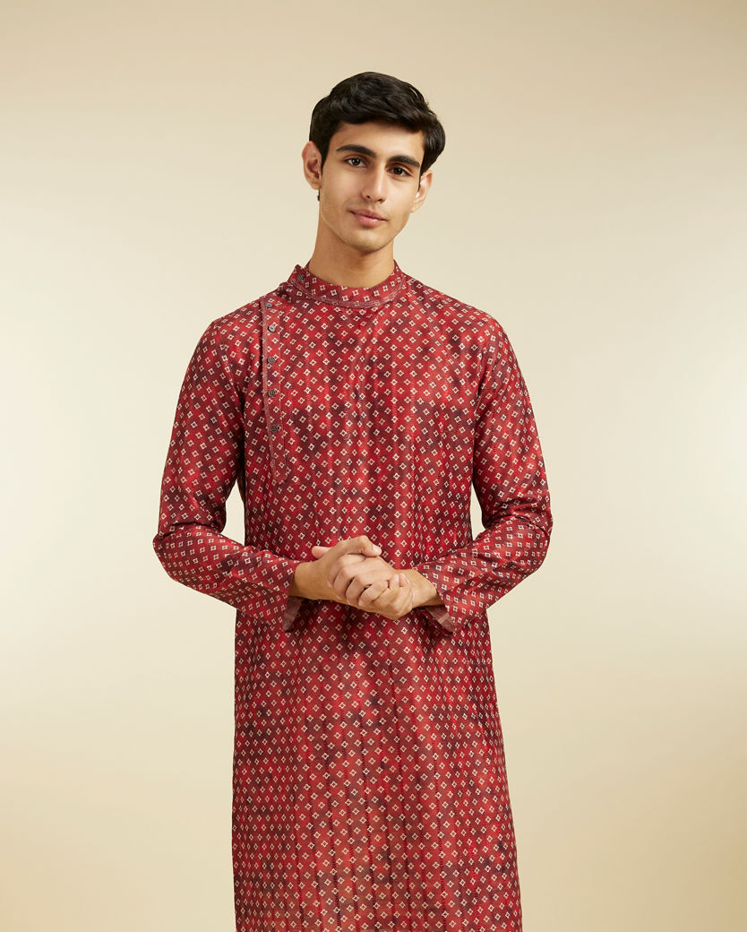 Diwas Men Rust Red Bandhani Printed Angrakha Style Kurta