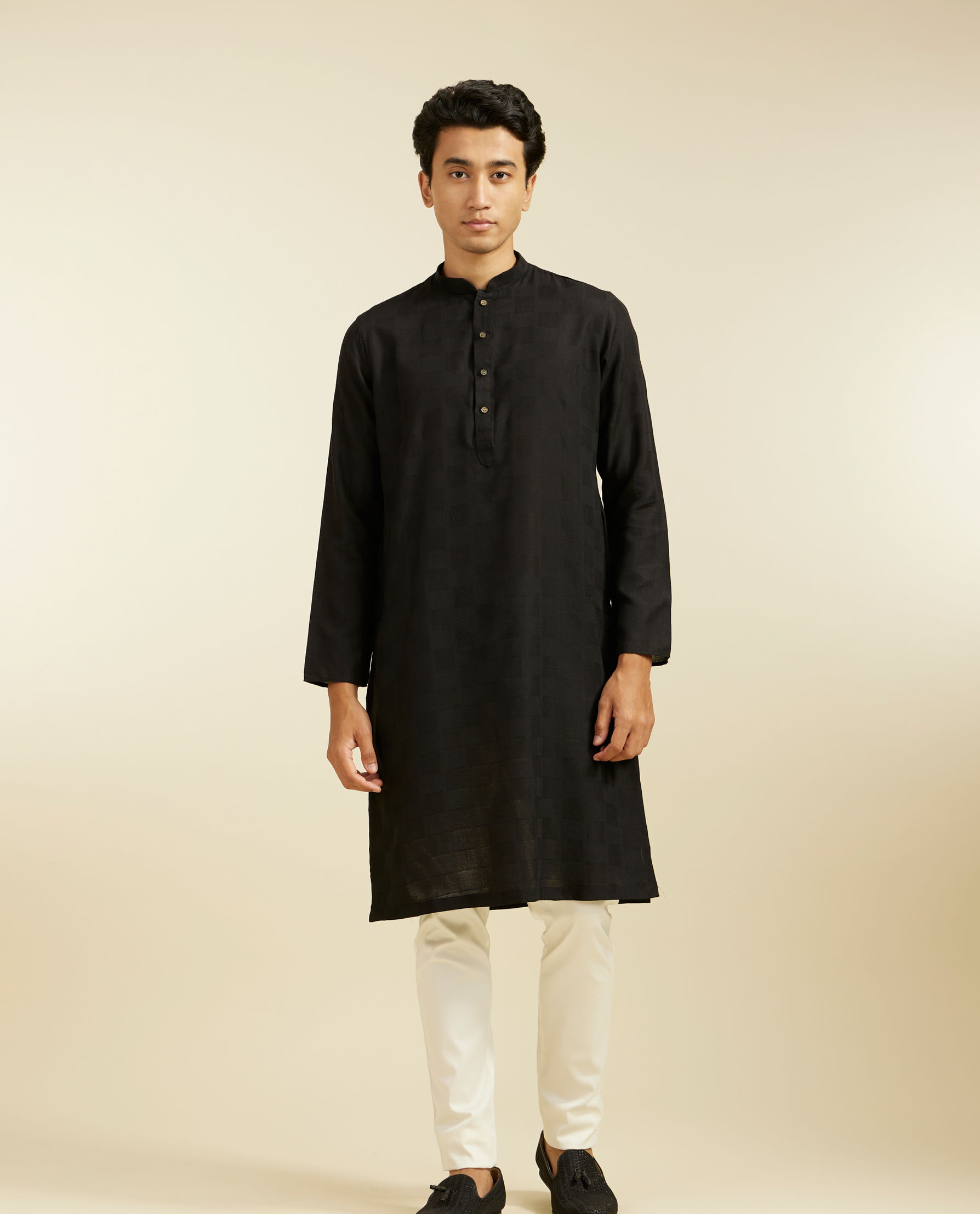 Diwas Men Ebony Black Self Textured Kurta