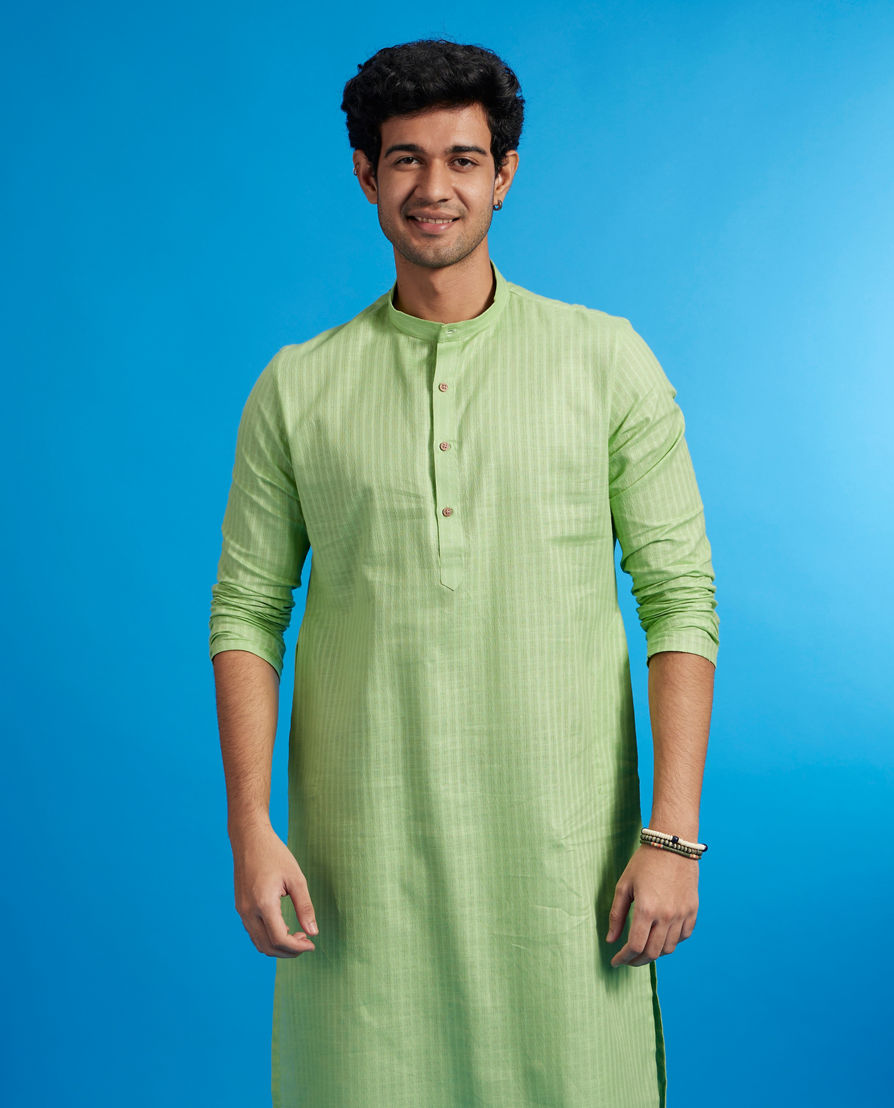 Diwas Men Soft Green Self Striped Patterned Kurta