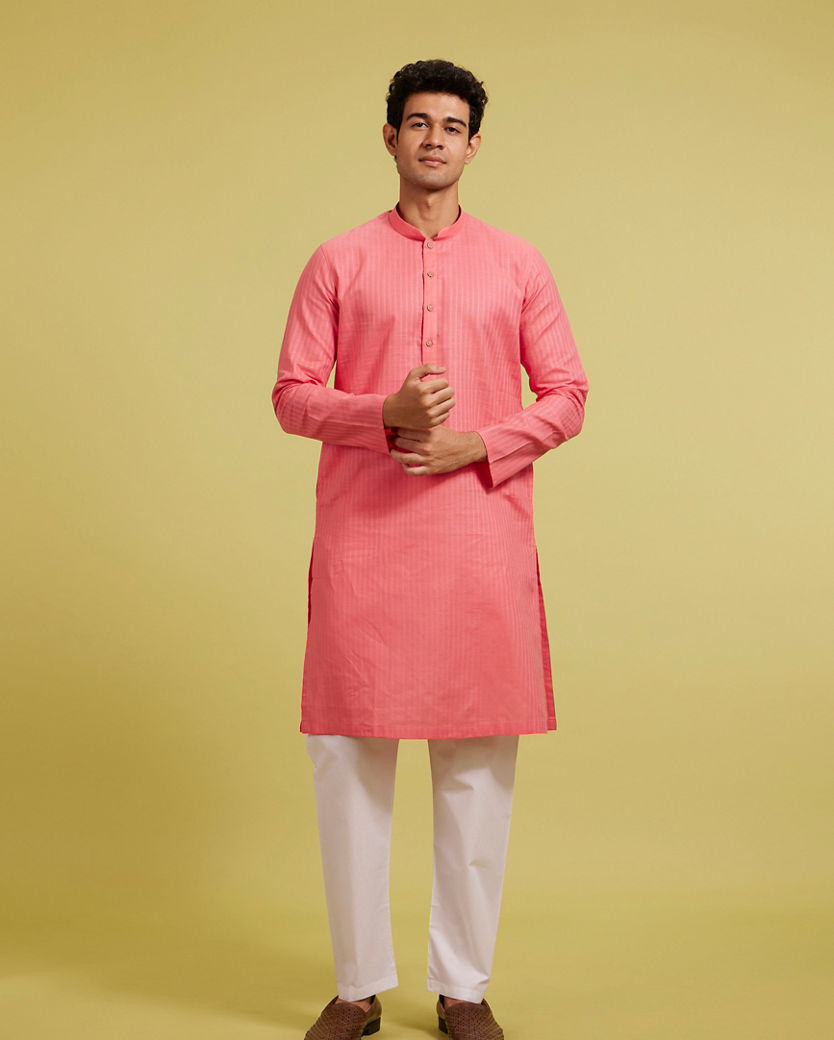 Diwas Men Rani Pink Self Striped Patterned Kurta