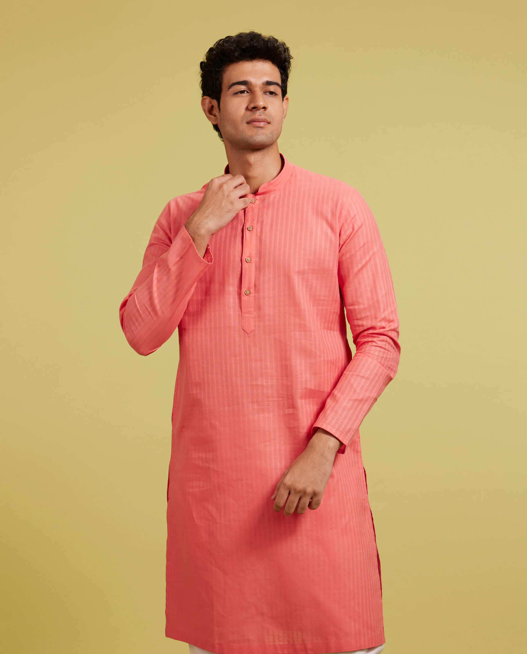 Diwas Men Rani Pink Self Striped Patterned Kurta