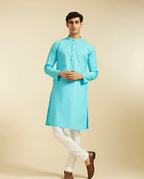 Diwas Men Maya Blue Self Striped Patterned Kurta