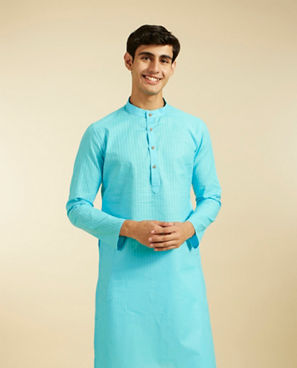 Diwas Men Maya Blue Self Striped Patterned Kurta