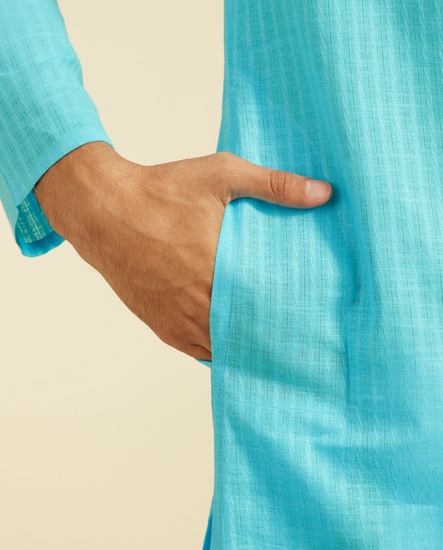 Diwas Men Maya Blue Self Striped Patterned Kurta