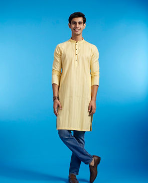 Diwas Men Buttercup Yellow Self Striped Kurta