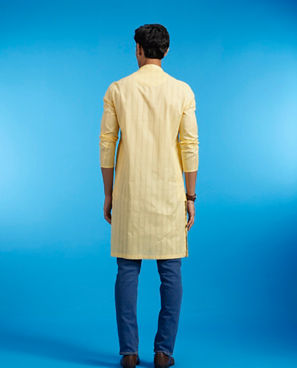 Diwas Men Buttercup Yellow Self Striped Kurta