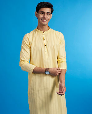 Diwas Men Buttercup Yellow Self Striped Kurta