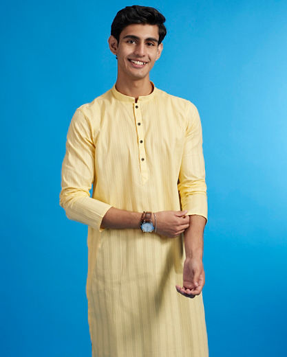 Diwas Men Buttercup Yellow Self Striped Kurta