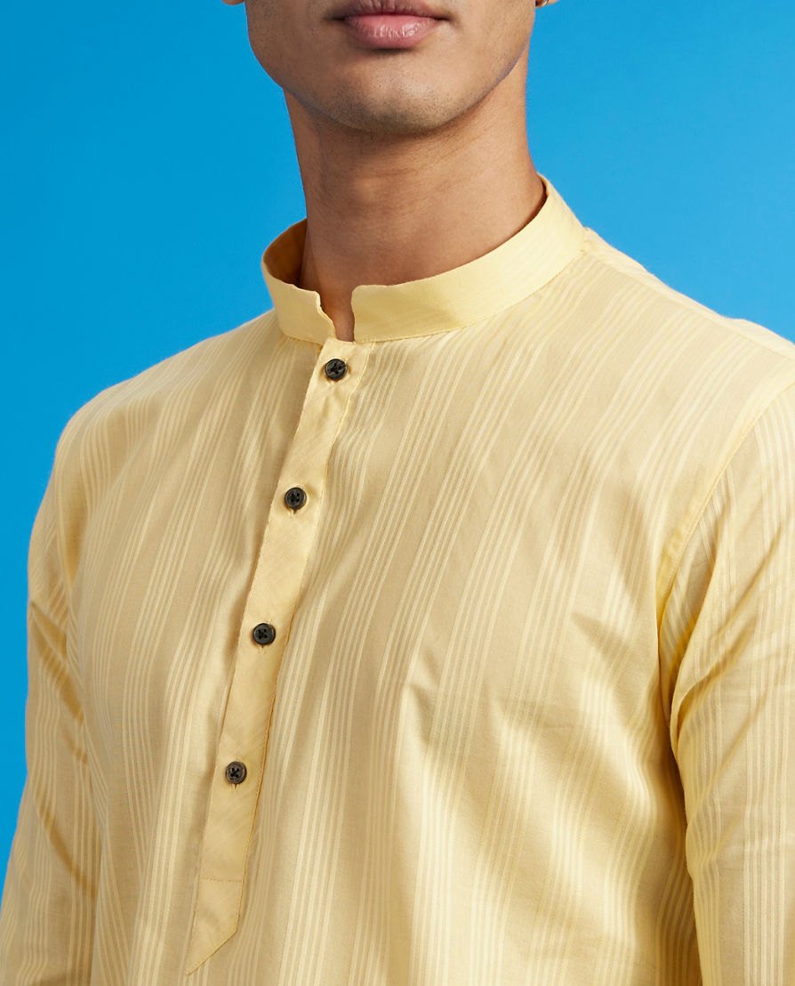 Diwas Men Buttercup Yellow Self Striped Kurta
