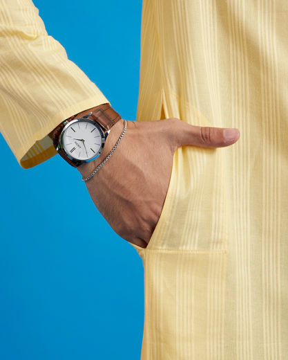 Diwas Men Buttercup Yellow Self Striped Kurta
