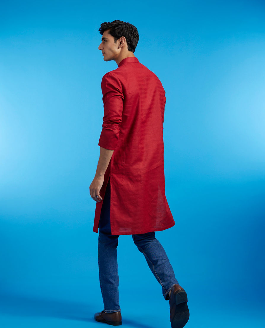 Diwas Men Maroon Red Lattice Patterned Kurta