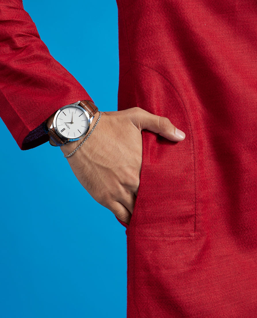 Diwas Men Maroon Red Lattice Patterned Kurta