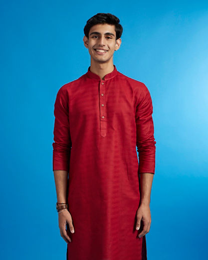 Diwas Men Maroon Red Lattice Patterned Kurta