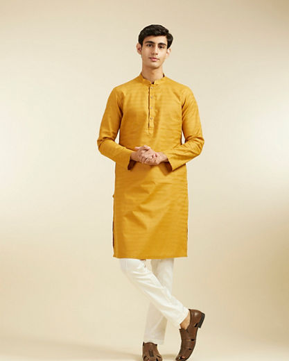 Diwas Men Mustard Yellow Lattice Patterned Kurta