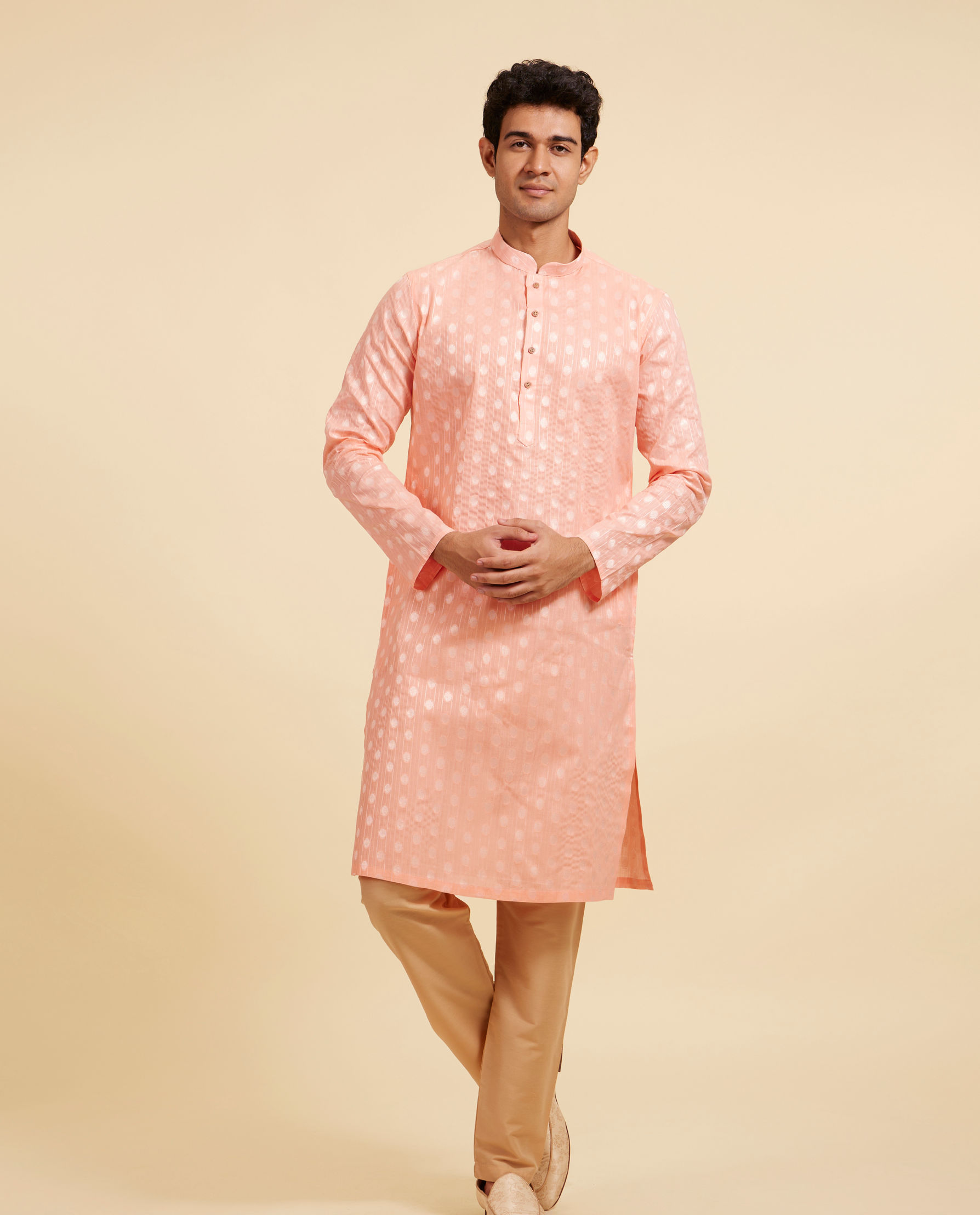 Diwas Men Coral Peach Striped and Oval Patterned Kurta