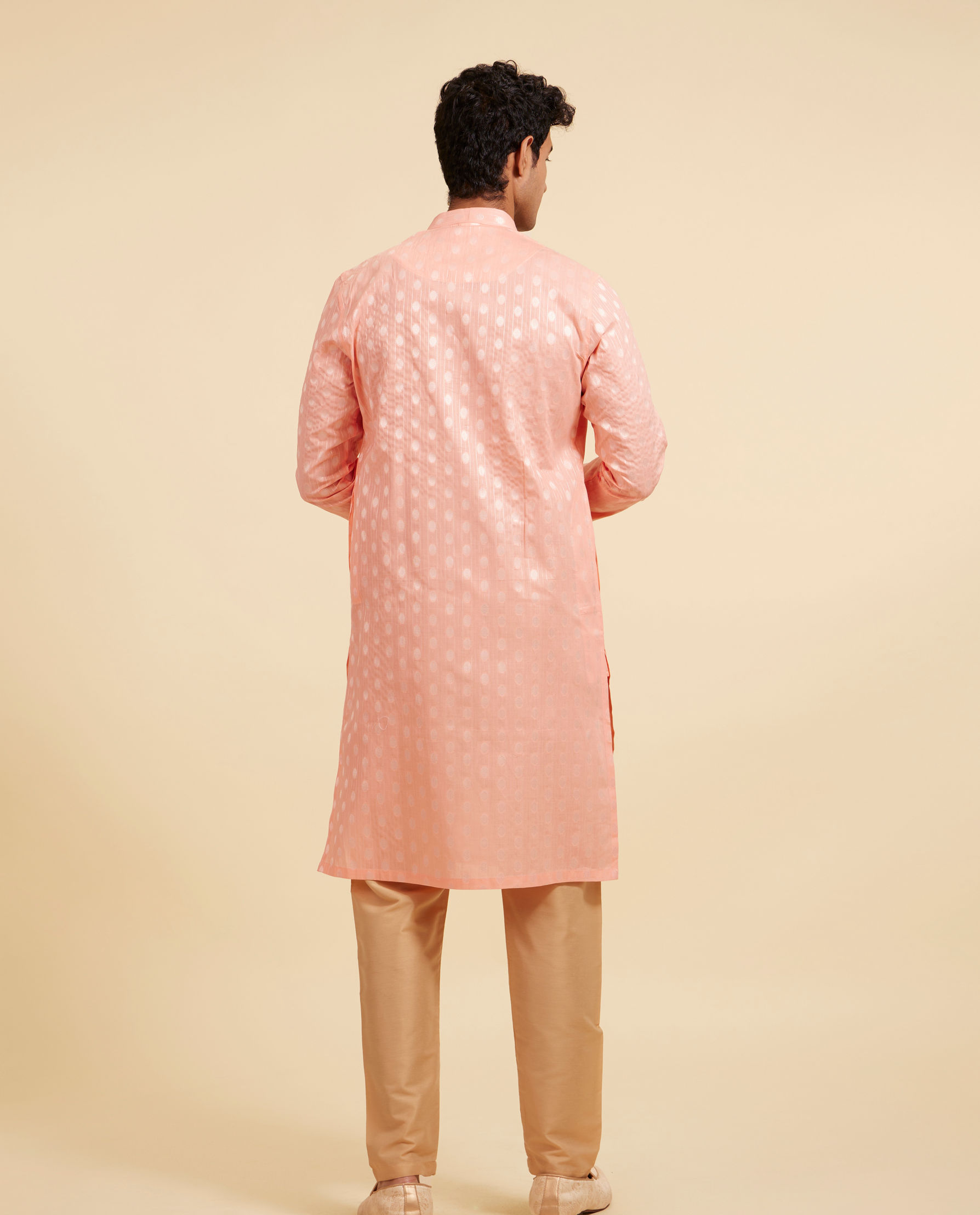 Diwas Men Coral Peach Striped and Oval Patterned Kurta