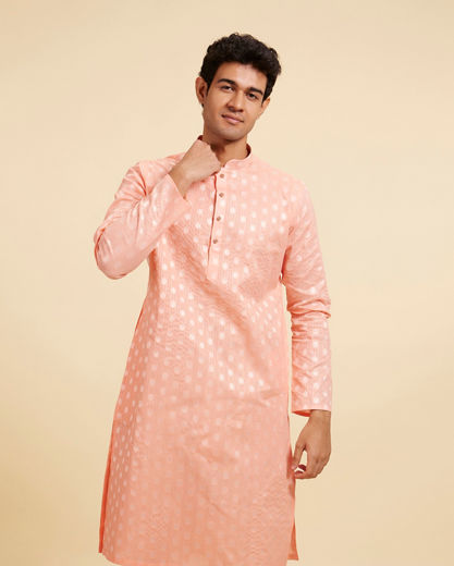 Diwas Men Coral Peach Striped and Oval Patterned Kurta