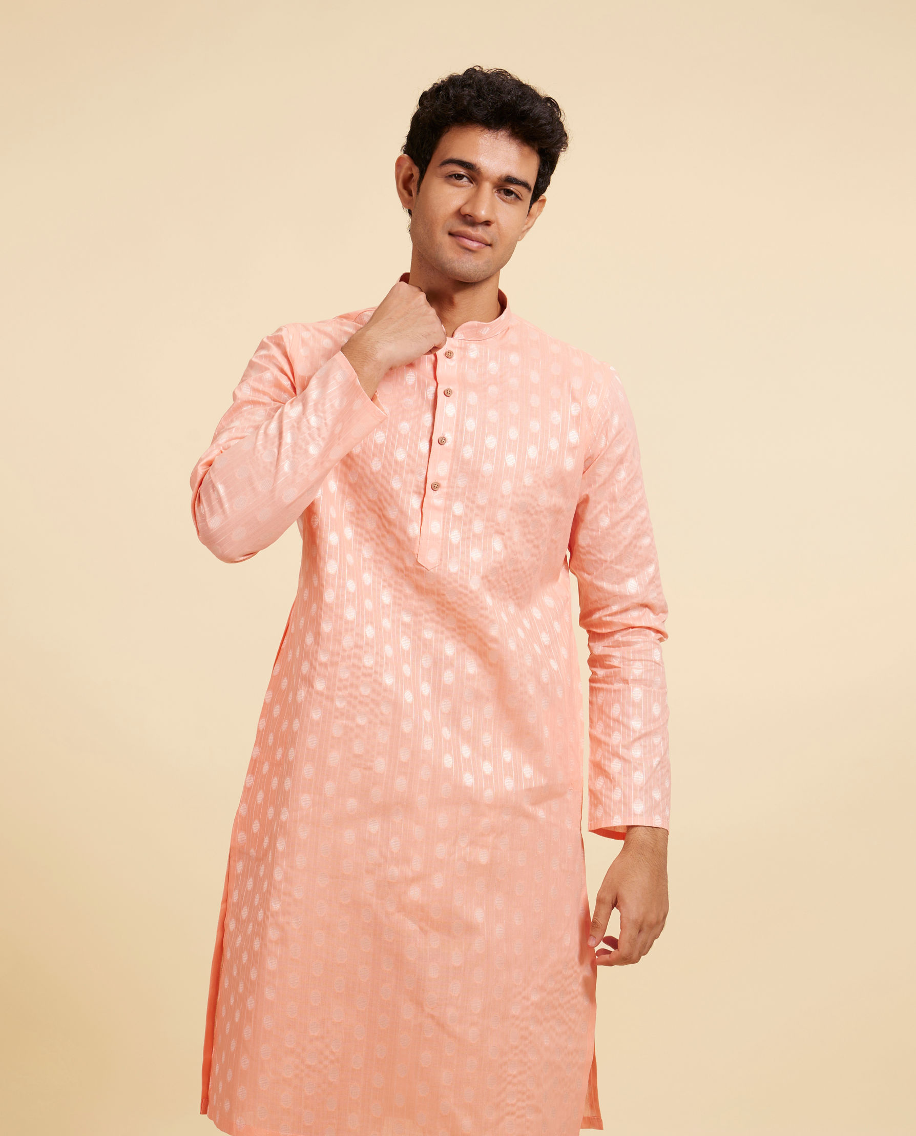 Diwas Men Coral Peach Striped and Oval Patterned Kurta