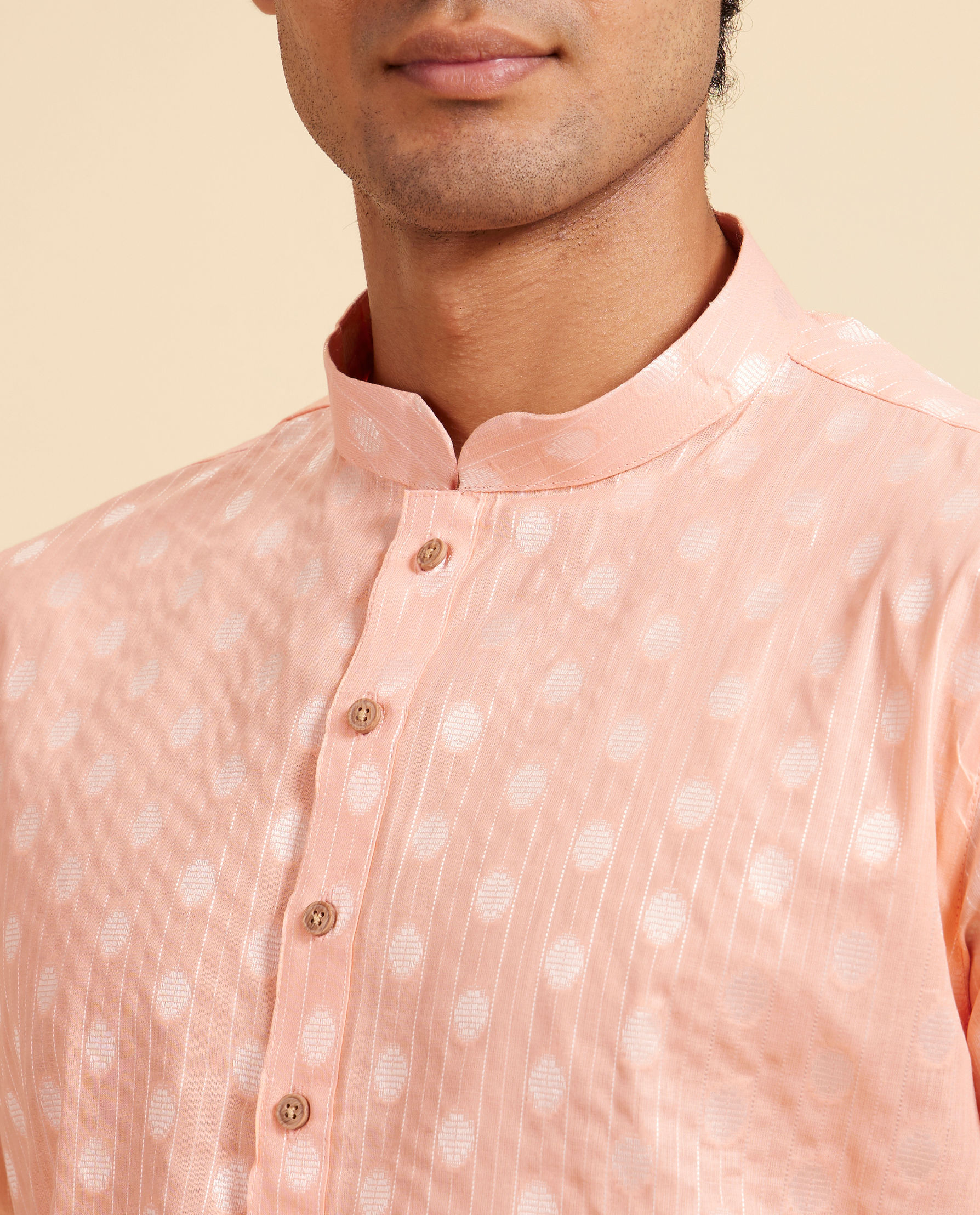 Diwas Men Coral Peach Striped and Oval Patterned Kurta