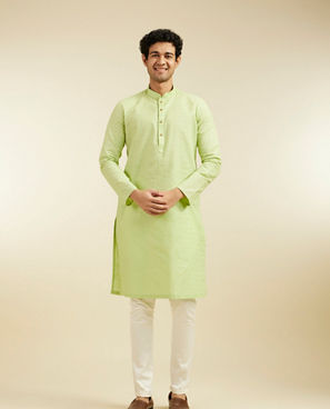 Diwas Men Soft Green Self Textured Kurta