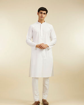 Diwas Men Snow White Plain Classic Kurta with Embroidered Neckline