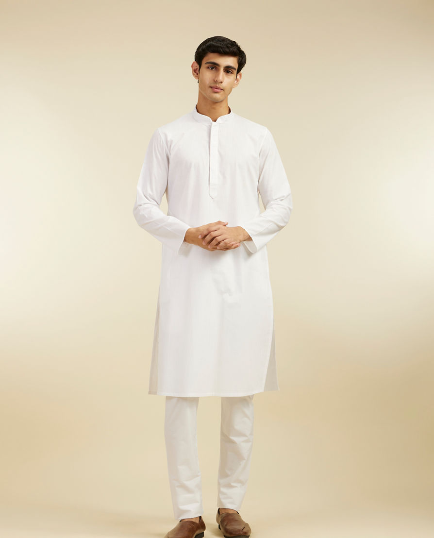 Diwas Men Snow White Plain Classic Kurta with Embroidered Neckline