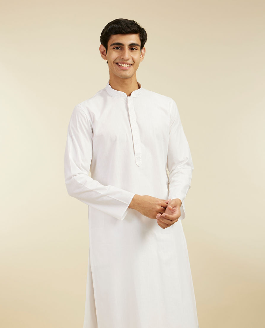 Diwas Men Snow White Plain Classic Kurta with Embroidered Neckline