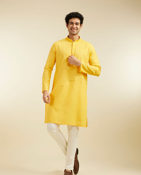 Diwas Men Mustard Yellow Lattice Patterned Kurta with Embroidered Neckline