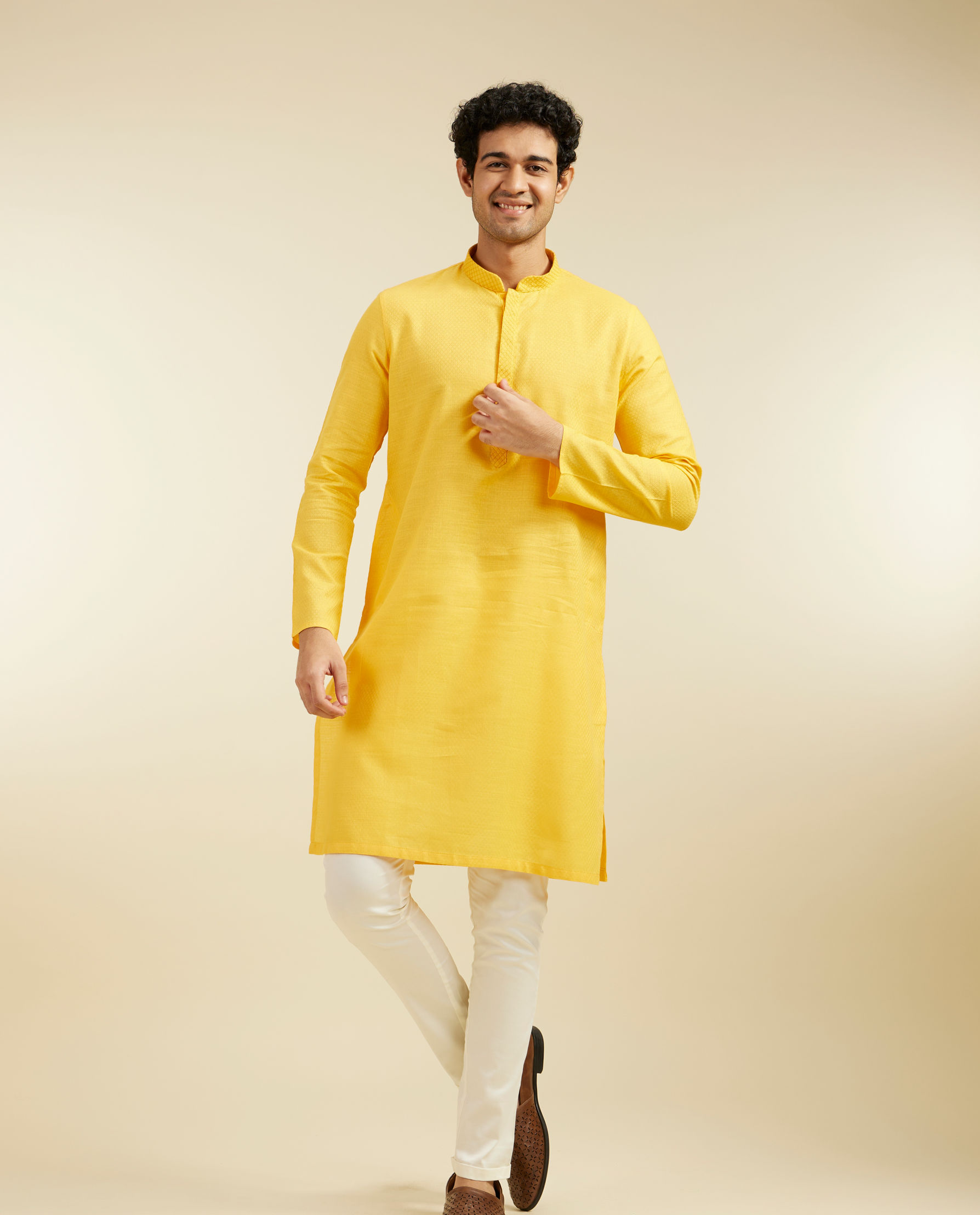 Diwas Men Mustard Yellow Lattice Patterned Kurta with Embroidered Neckline