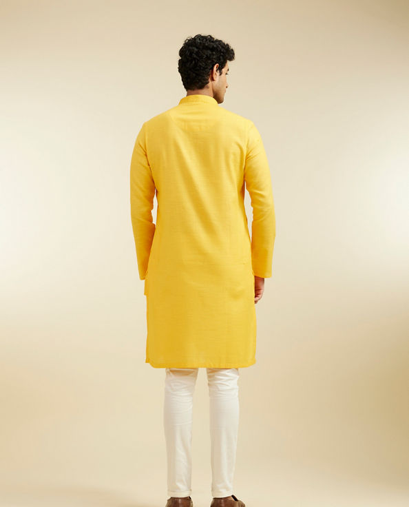 Diwas Men Mustard Yellow Lattice Patterned Kurta with Embroidered Neckline