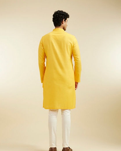 Diwas Men Mustard Yellow Lattice Patterned Kurta with Embroidered Neckline