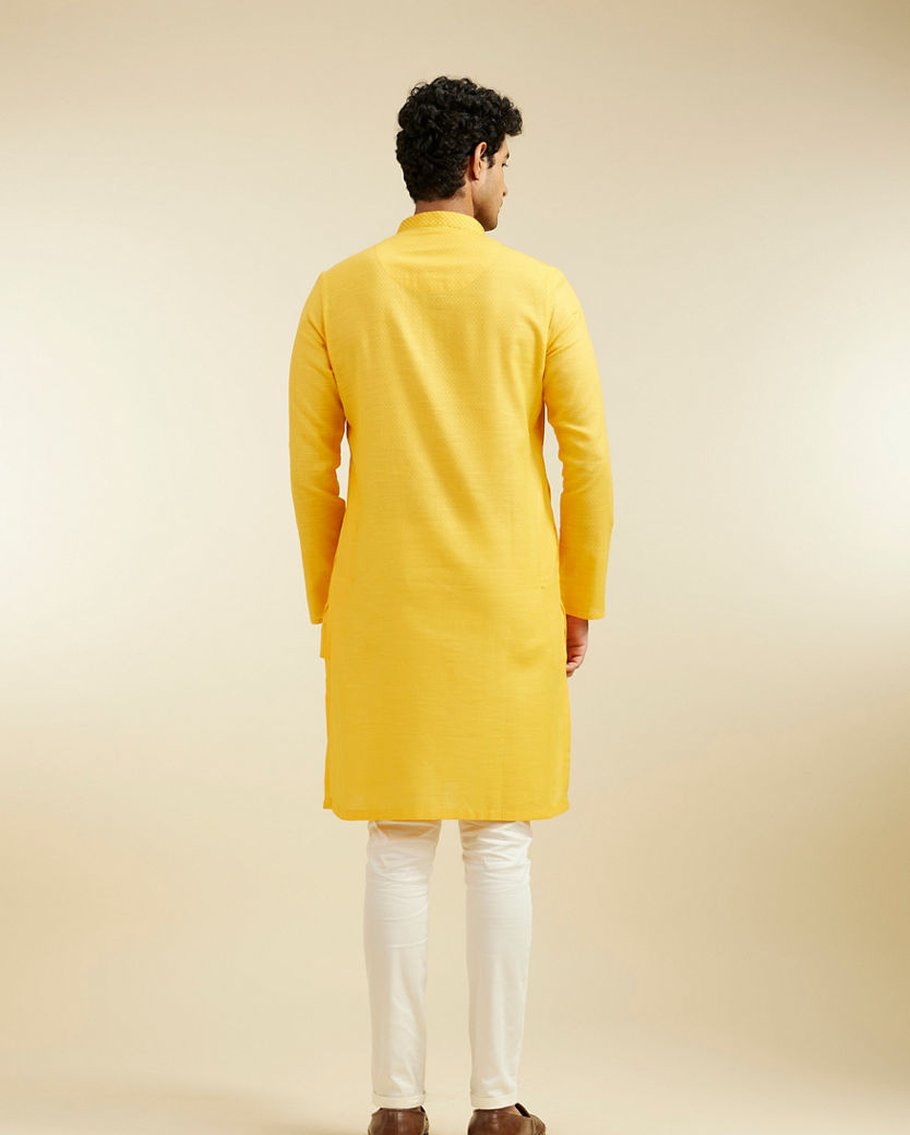 Diwas Men Mustard Yellow Lattice Patterned Kurta with Embroidered Neckline