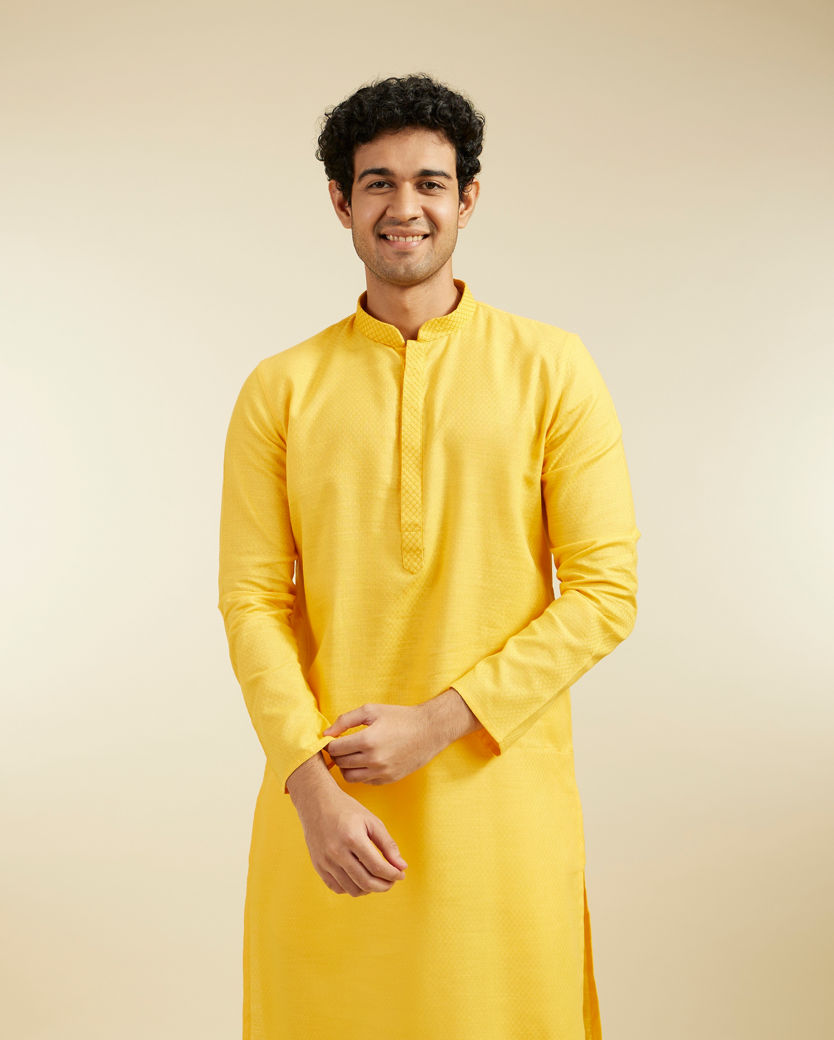 Diwas Men Mustard Yellow Lattice Patterned Kurta with Embroidered Neckline