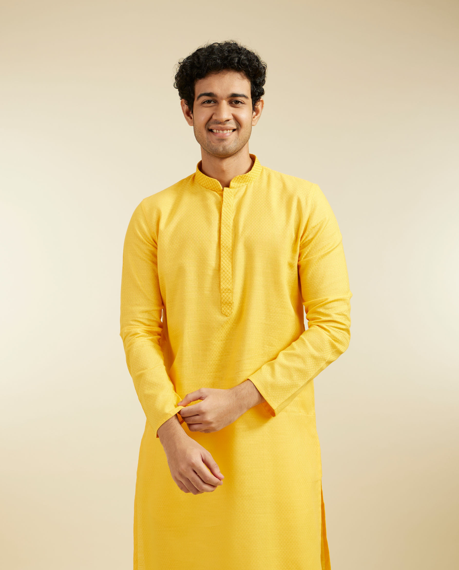 Diwas Men Mustard Yellow Lattice Patterned Kurta with Embroidered Neckline