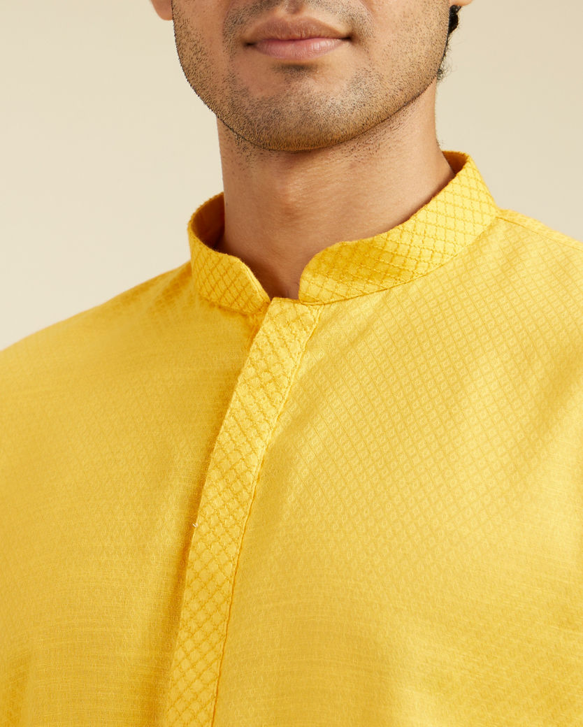 Diwas Men Mustard Yellow Lattice Patterned Kurta with Embroidered Neckline