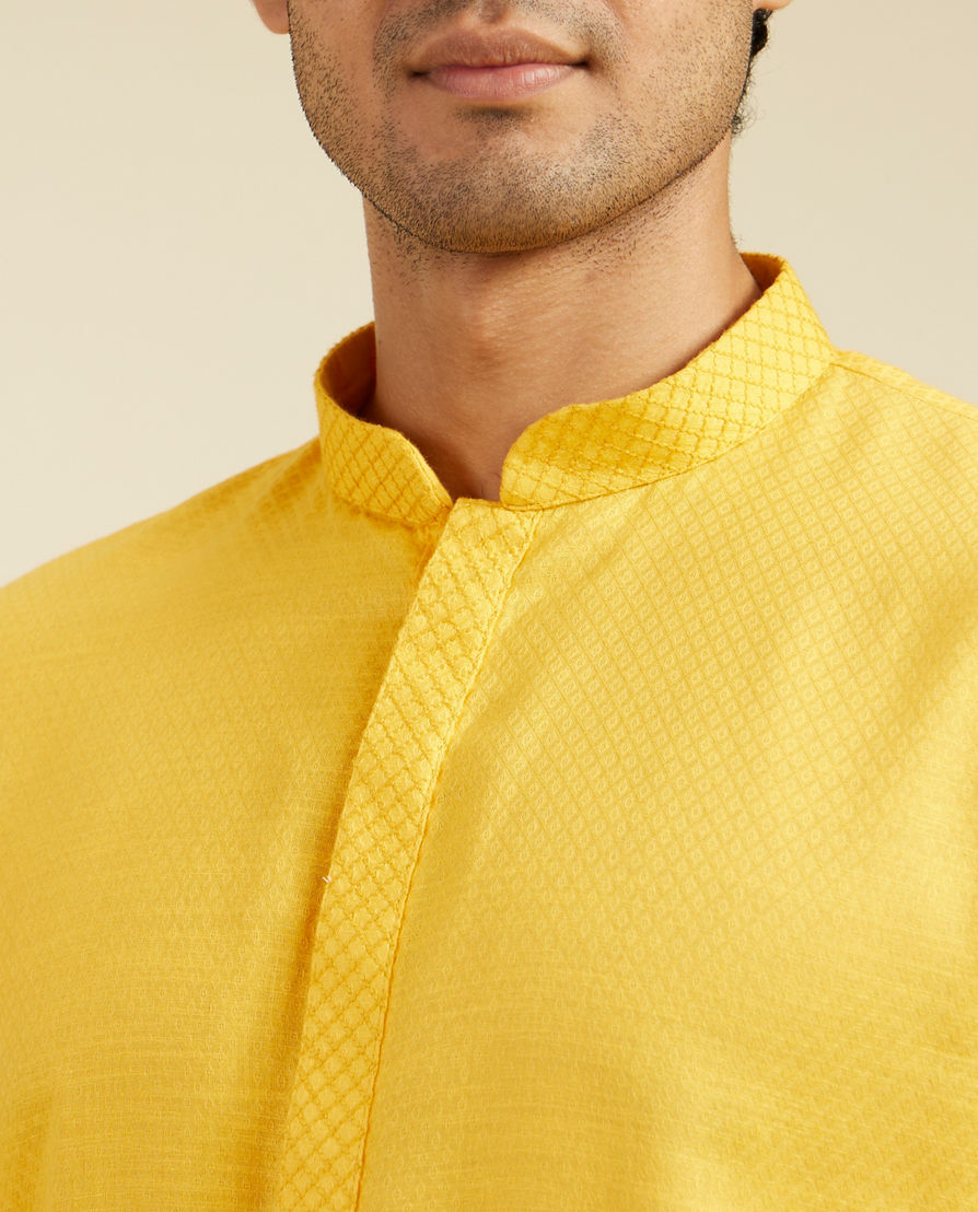 Diwas Men Mustard Yellow Lattice Patterned Kurta with Embroidered Neckline