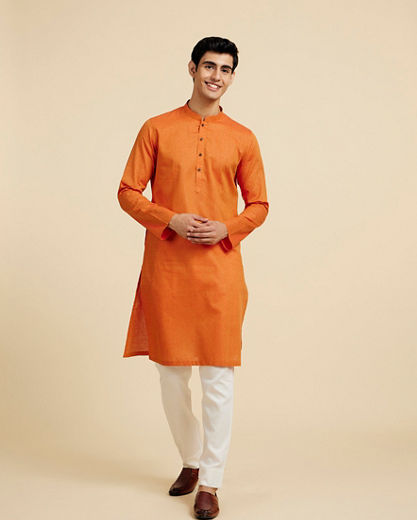 Diwas Men Pumpkin Orange Lattice Patterned Kurta