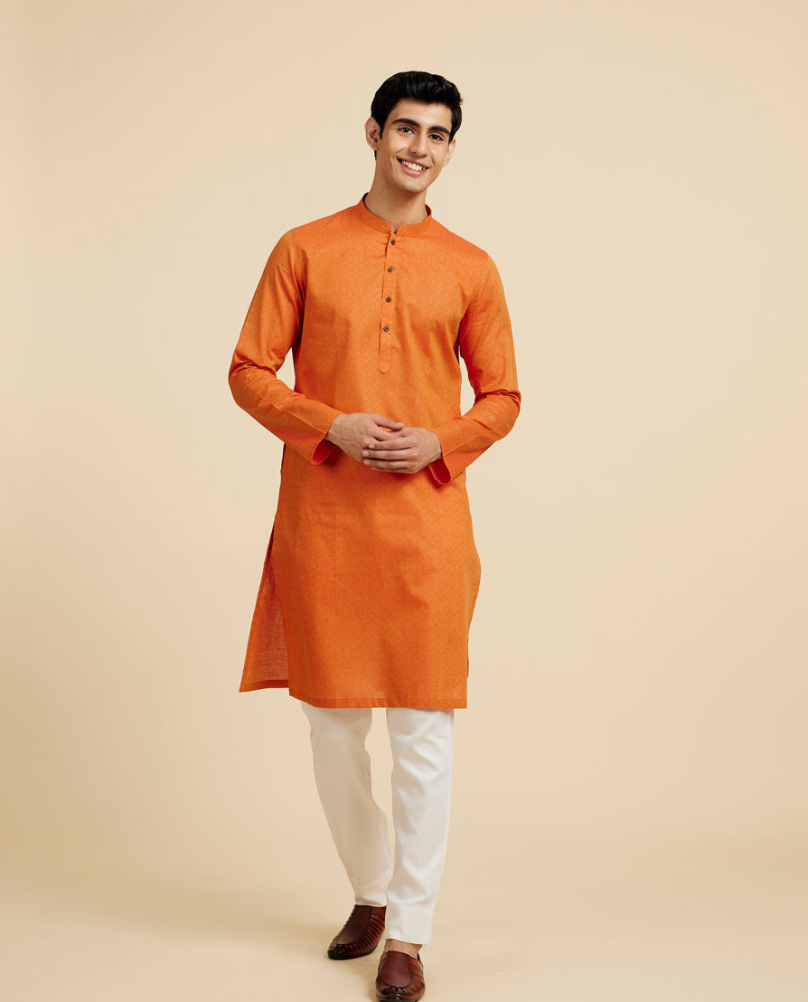 Diwas Men Pumpkin Orange Lattice Patterned Kurta