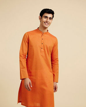 Diwas Men Pumpkin Orange Lattice Patterned Kurta