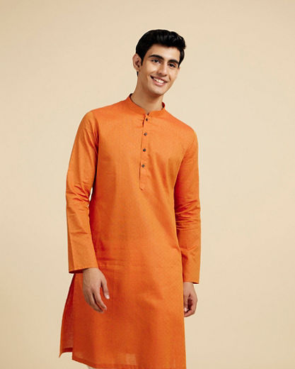 Diwas Men Pumpkin Orange Lattice Patterned Kurta