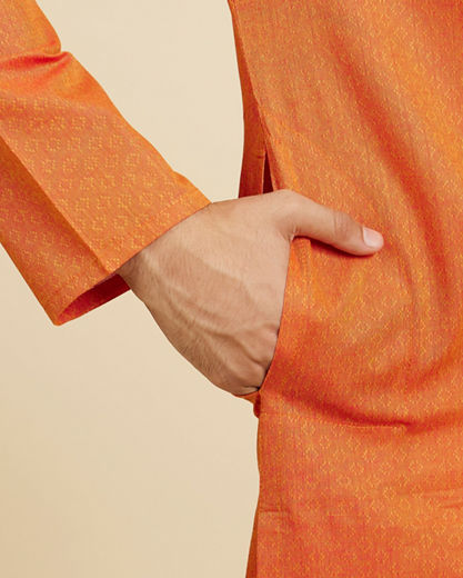 Diwas Men Pumpkin Orange Lattice Patterned Kurta