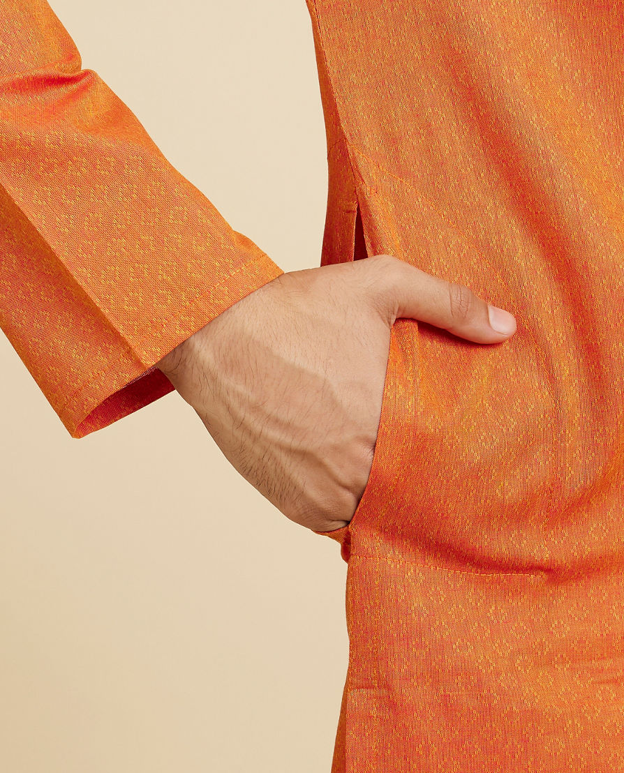 Diwas Men Pumpkin Orange Lattice Patterned Kurta