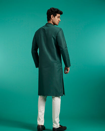 Diwas Men Bottle Green Plain Classic Kurta with Textured Neckline