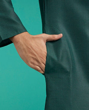 Diwas Men Bottle Green Plain Classic Kurta with Textured Neckline