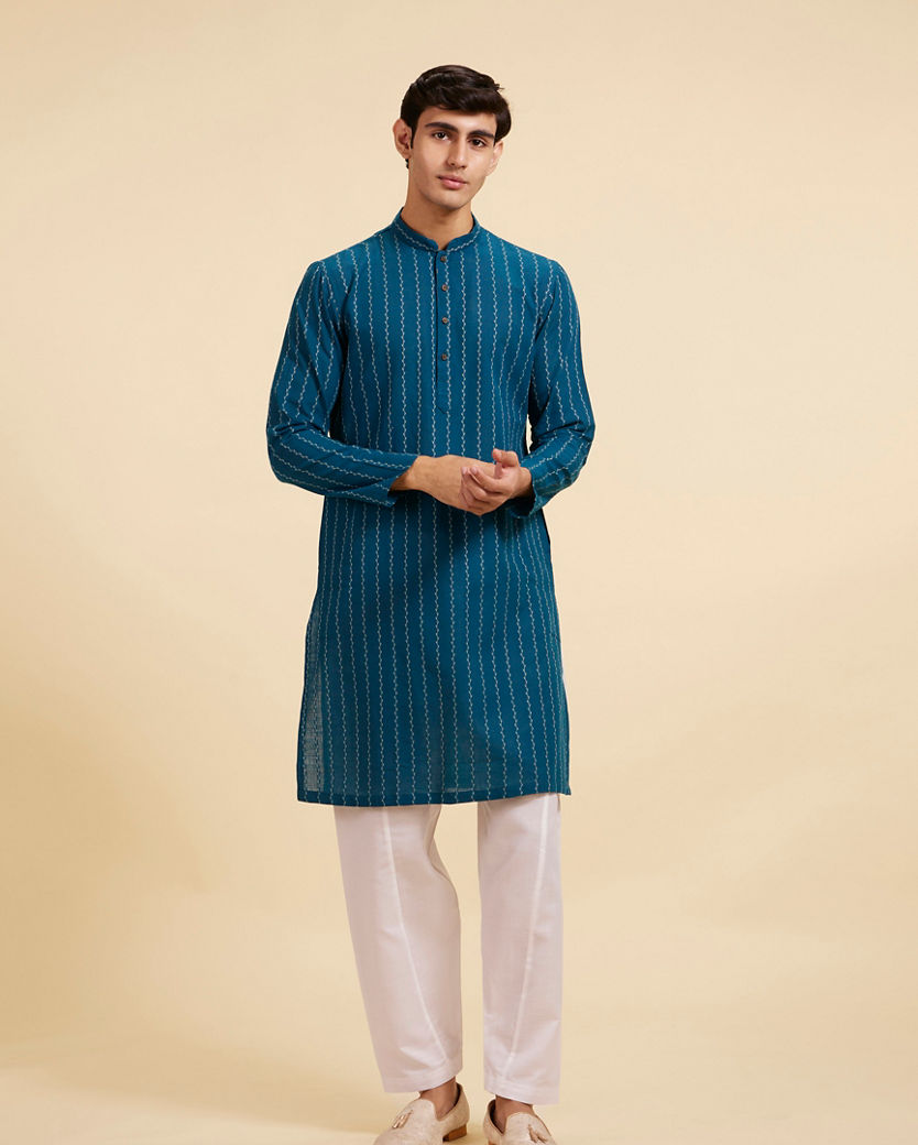 Diwas Men Teal Blue Bel Printed Kurta