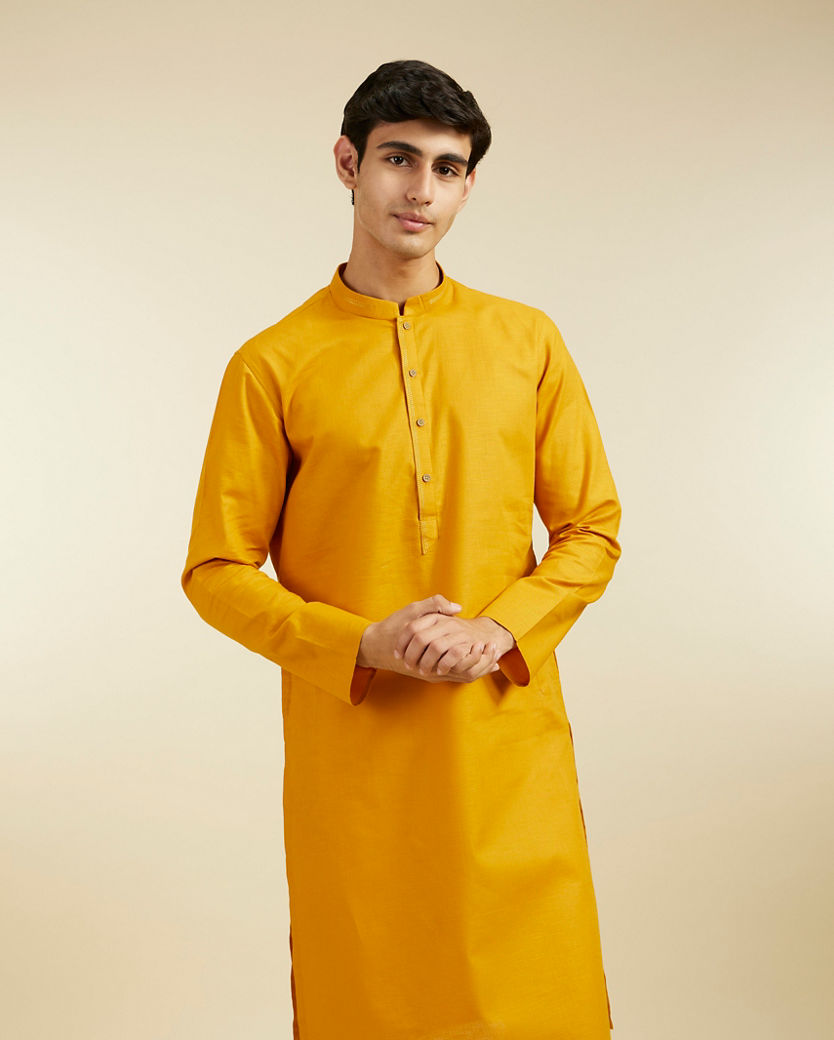 alt message - Diwas Men Mustard Yellow Plain Kurta with Embroidered Neck image number 0