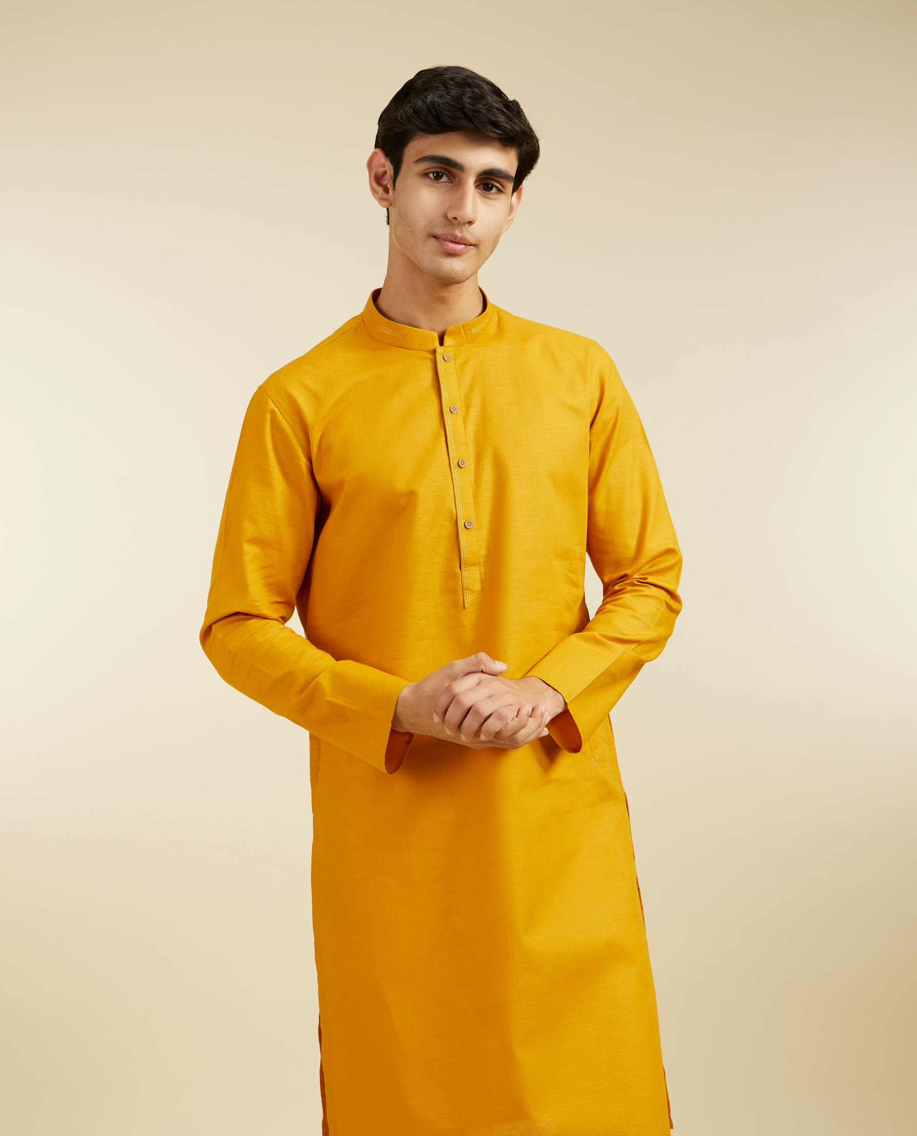 alt message - Diwas Men Mustard Yellow Plain Kurta with Embroidered Neck image number 0