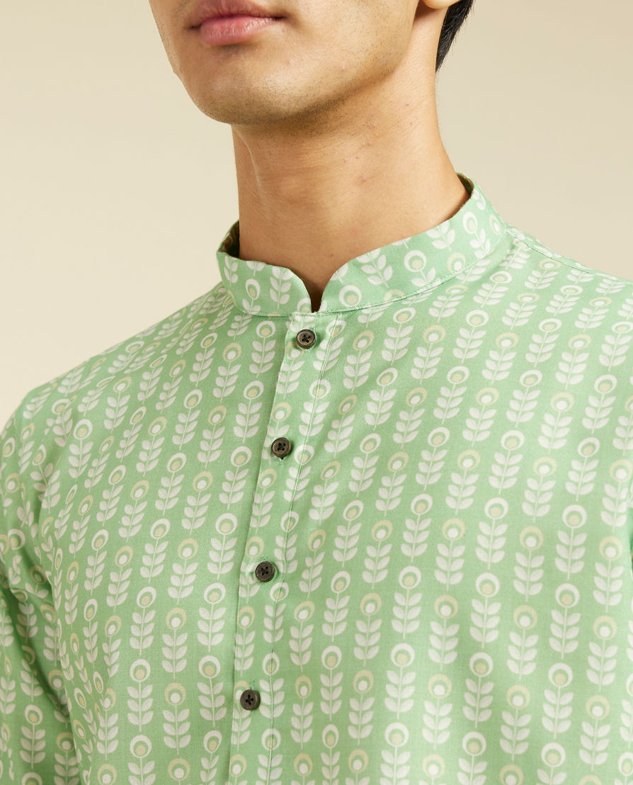 Diwas Men Soft Green Fern Printed Kurta